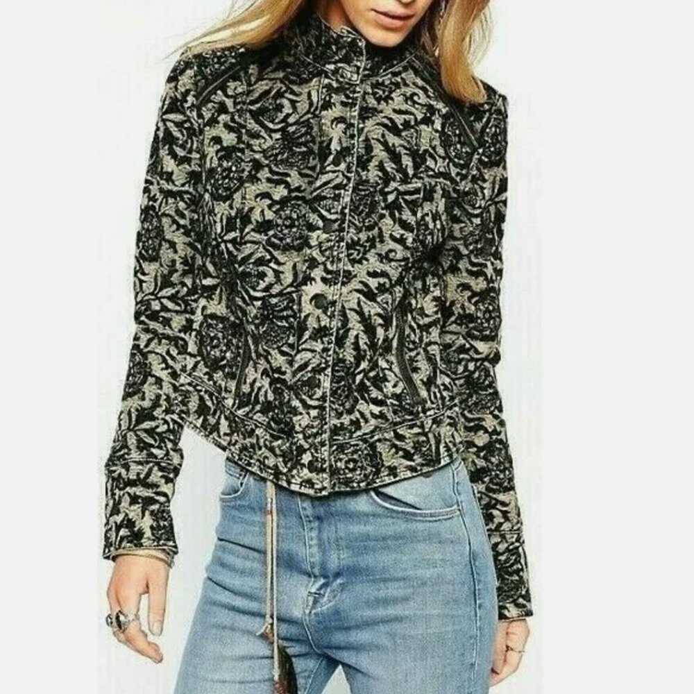 Free People Faded Black Velvet Floral Embroidered Moto Jacket